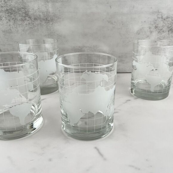70's Glass Clear w Frosted World Map Globe Double Old Fashioned Tumblers Vintage - Picture 8 of 11